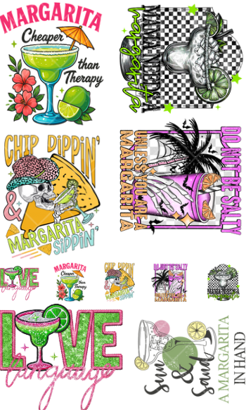 Pre-Made Margarita DTF Gang Sheet 22x36 with 6 adult and 5 pocket size