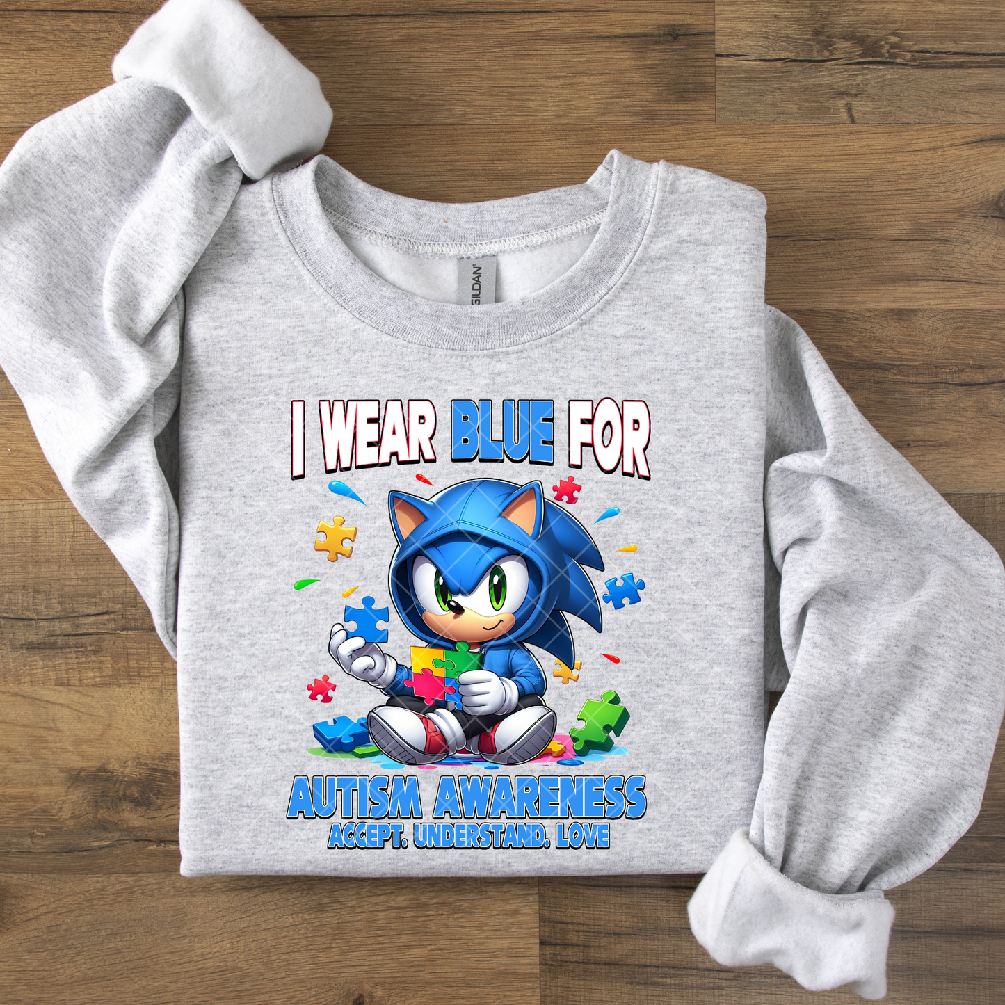 I Wear Blue for Autism Awareness Sonic DTF Transfer