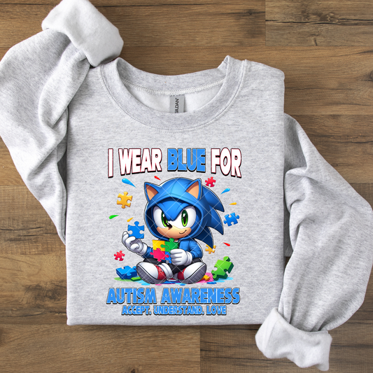 I Wear Blue for Autism Awareness Sonic DTF Transfer