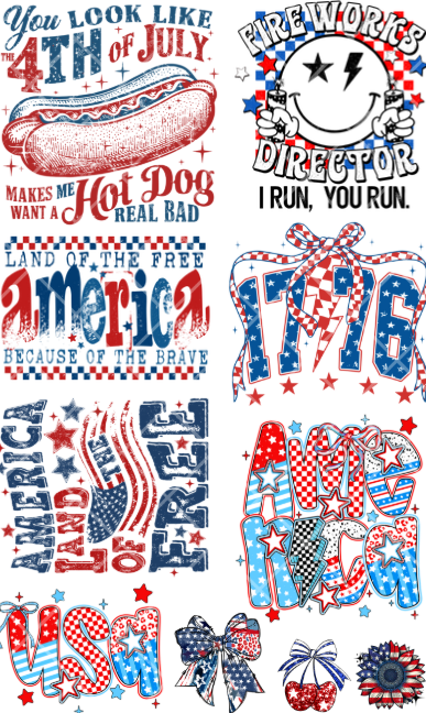Pre-Made Patriotic 4th of July DTF Gang Sheet 22x36 with 7 adult and 3 pocket