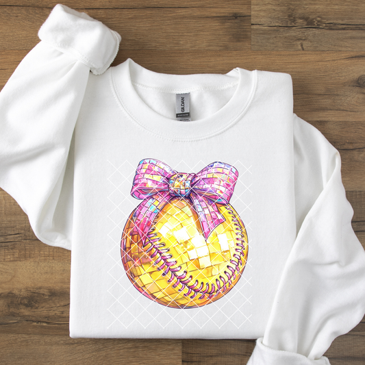 Faux Glitter Softball Pink Bow DTF Transfer