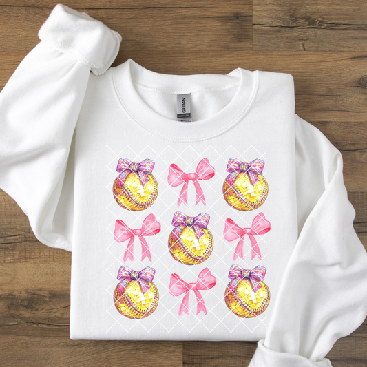 Faux Glitter Softball Grid Pink Bow DTF Transfer