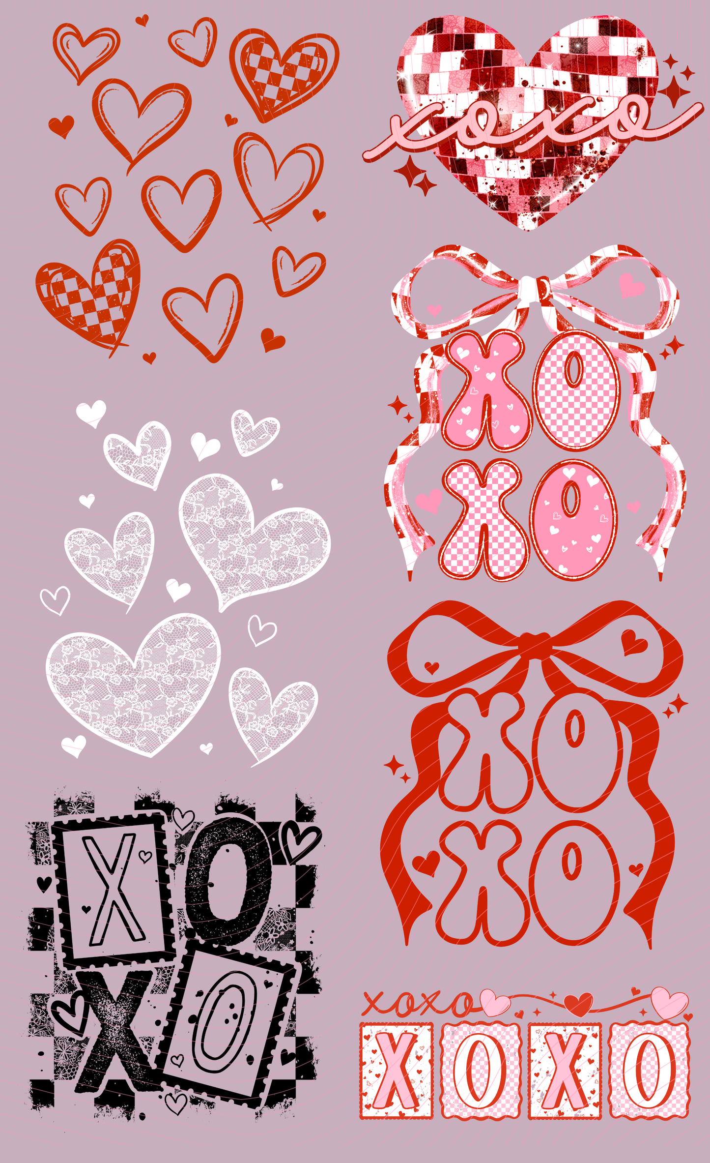 Pre-Made XOXO Heart Valentines DTF Gang Sheet 22x36 with with 7 adult size designs