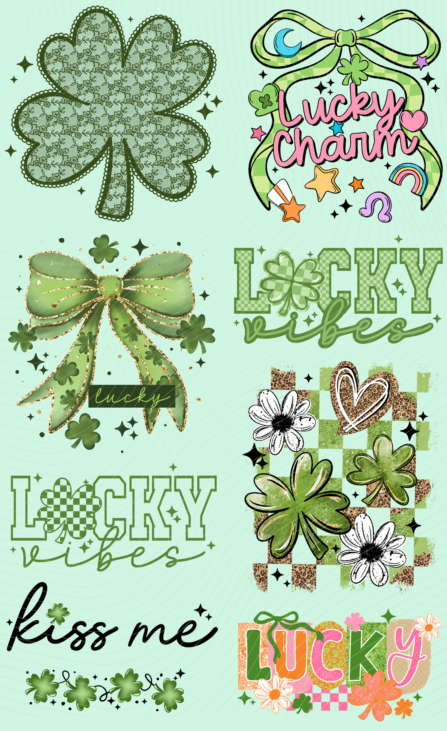 Pre-Made St Patrick's Day Lucky DTF Gang Sheet 22x36 with with 8 adult size and 1 Sleeve Design