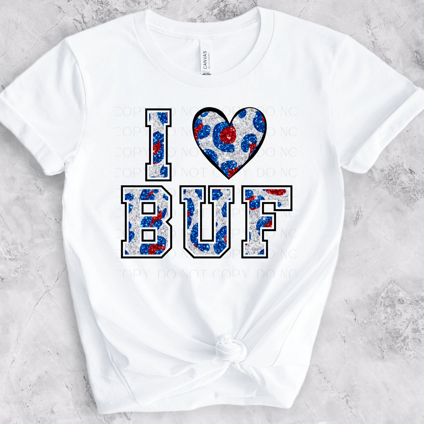 I Lover Buf Red Blue Cheetah Faux Glitter DTF Transfer