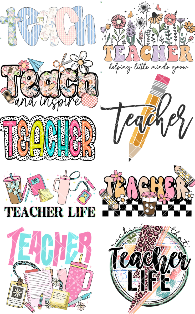 Pre-Made Teacher DTF Gang Sheet 22x36 with 9 Adult Size Designs