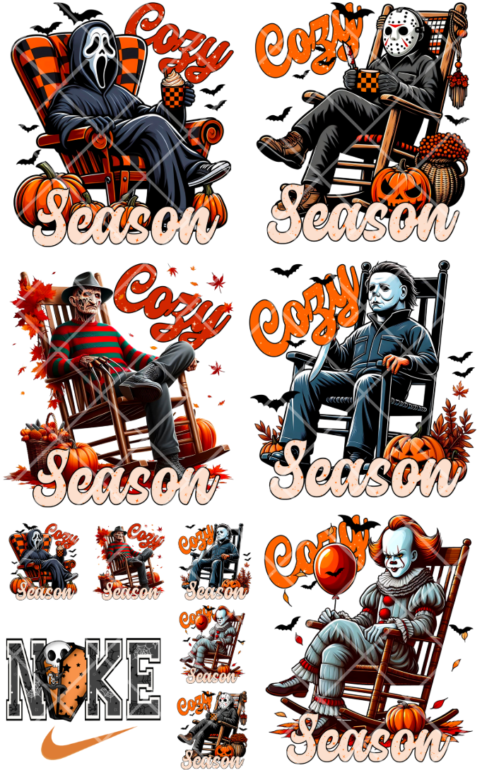 Pre-Made Cozy Season Scary Movie DTF Gang Sheet 22x36 with 5 adult, 5 pocket, 1 youth size