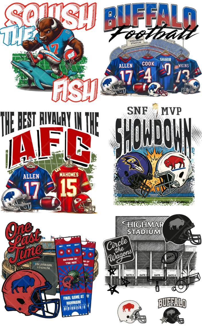 Pre-Made Buffalo Rivalry DTF Gang Sheet 22x36 with 6 adult and 2 pocket sizes designs