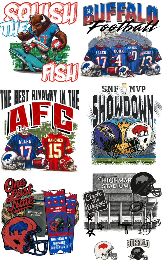 Pre-Made Buffalo Rivalry DTF Gang Sheet 22x36 with 6 adult and 2 pocket sizes designs