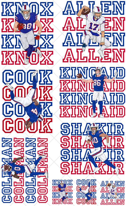 Pre-Made Buffalo Players DTF Gang Sheet 22x36 with with 6 adult and 3 infant sizes designs