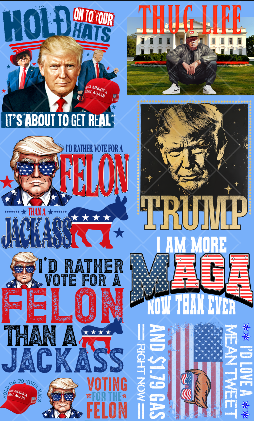 Pre-Made Trump DTF Gang Sheet, 7 Adult and 3 Pocket Size, 22x36