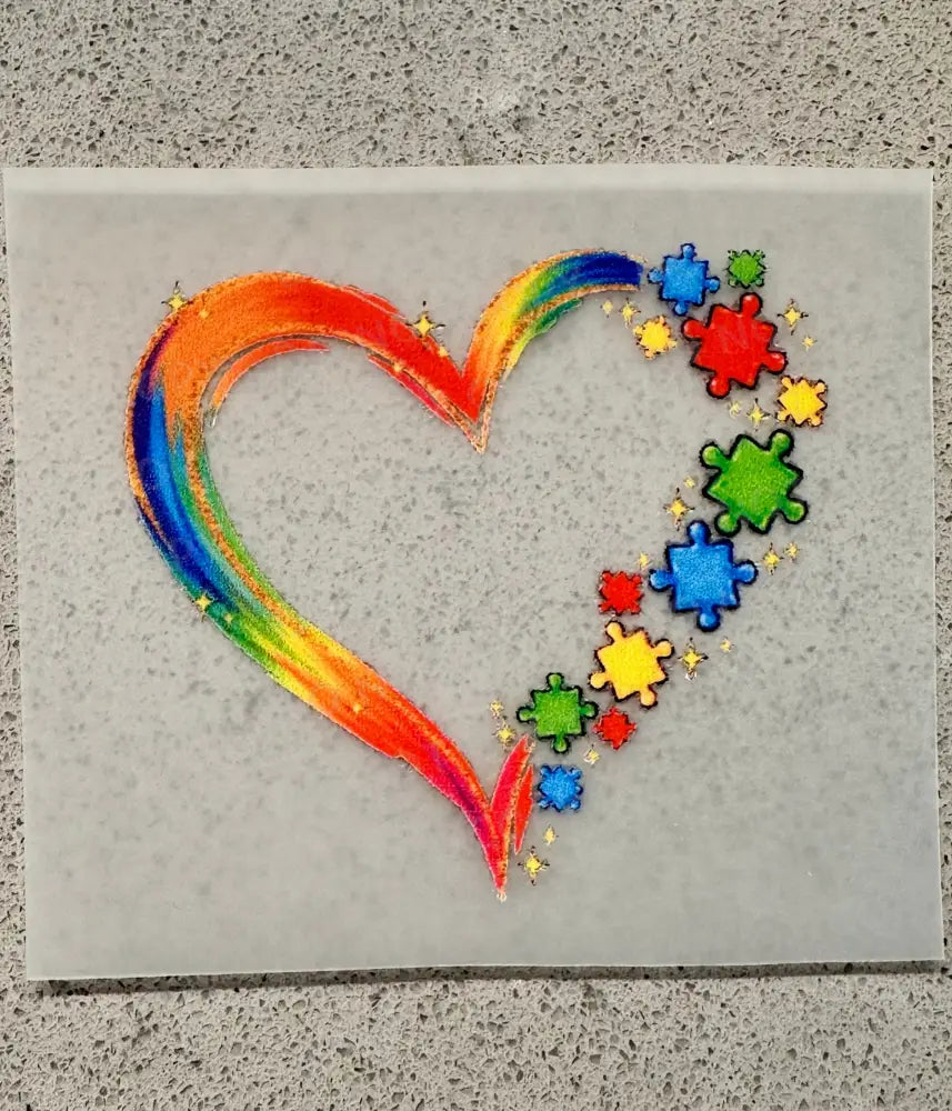 Autism Awareness Rainbow Heart Puzzle Pieces Dtf Transfers Clear Film Print Ready To Press Heat