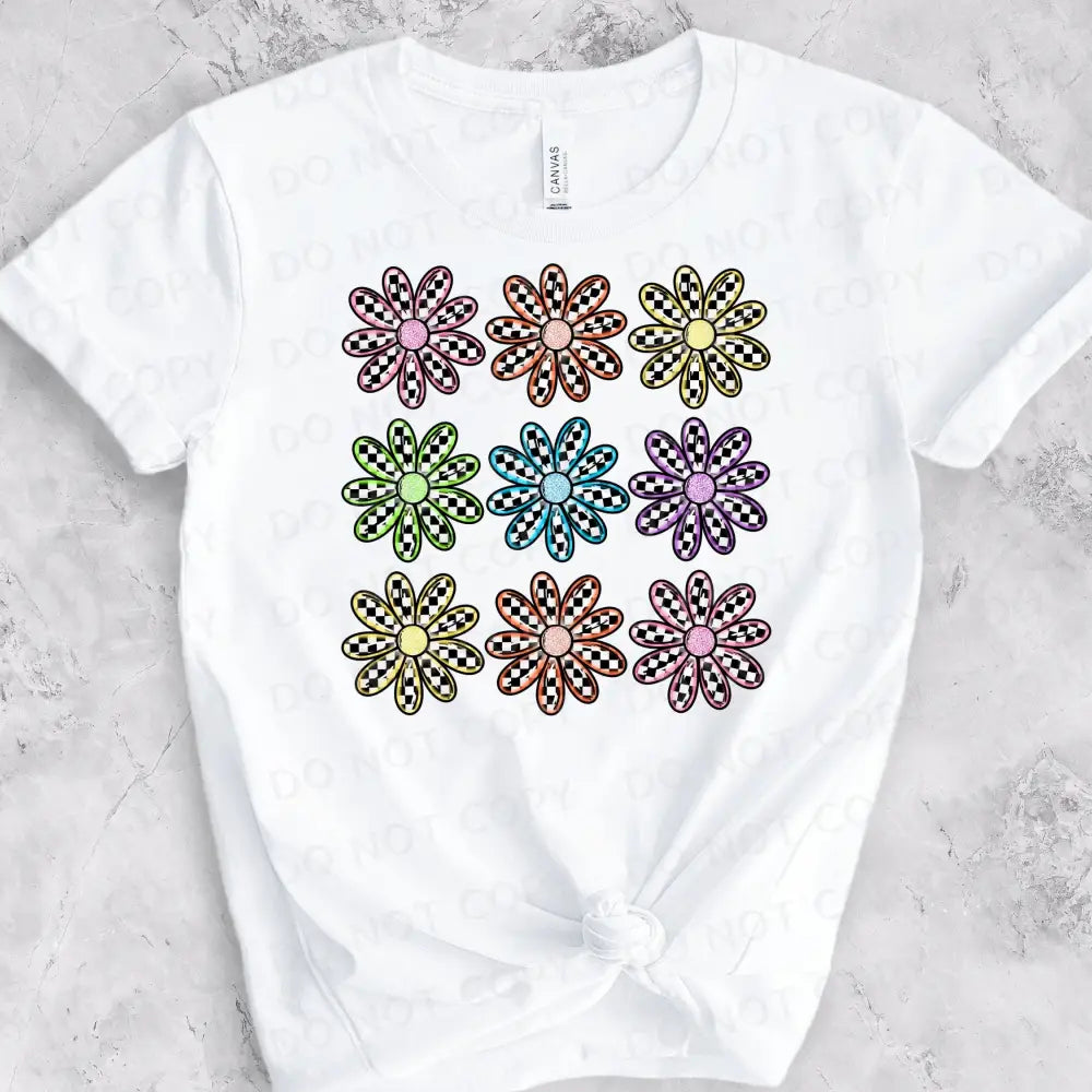Bright Flower Grid Dtf Transfers Ready To Press Clear Film Print Heat Transfer Direct Shirt Design