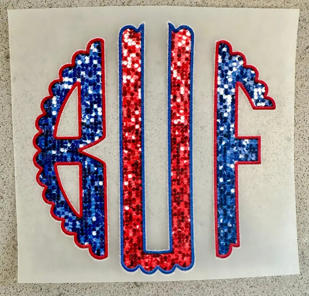Buf Monogram Glitter Sparkle Faux Sequins Embroidery Dtf Transfers Ready To Press Heat Transfer
