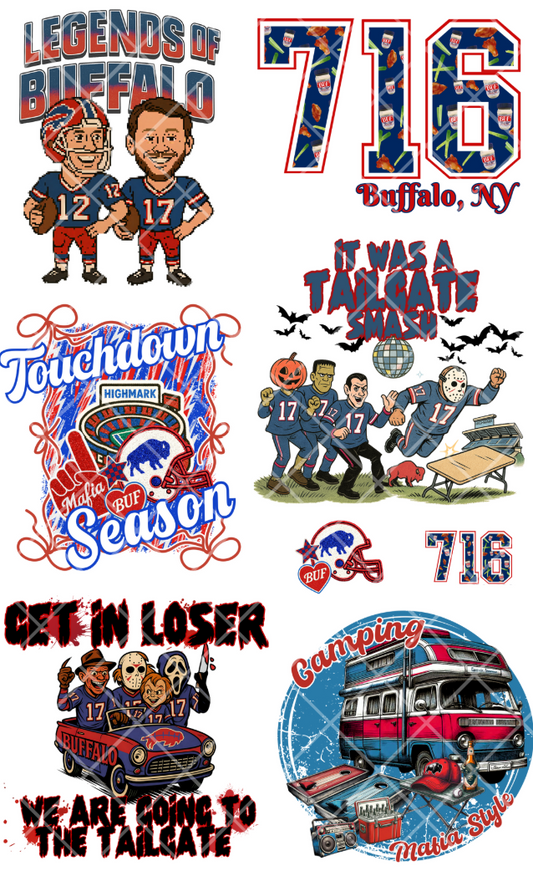 Pre-Made Buffalo 716 DTF Gang Sheet 22x36 with 6 adult and 2 pocket sizes designs