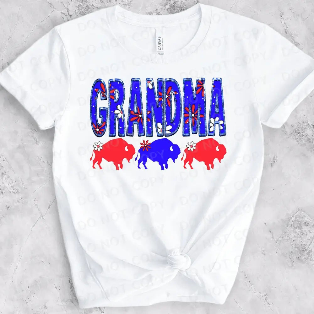 Grandma Buffalo Flower Blue And Red Shirt Design Dtf Transfers Ready To Press Heat Transfer Direct