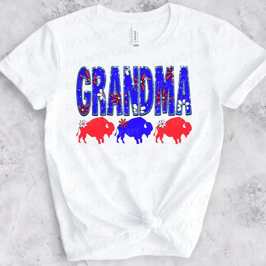Grandma Buffalo Flower Blue And Red Shirt Design Dtf Transfers Ready To Press Heat Transfer Direct
