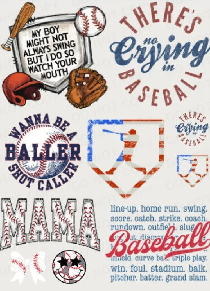 Pre-Made Baseball Gang Sheet 22X36 With 5 Adult 1 Youth 4 Pocket Size Designs Mama Dtf Clear Film