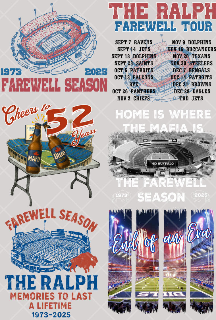 Pre-Made Buffalo Farewell Season DTF Gang Sheet 22x36 with with 6 adult designs