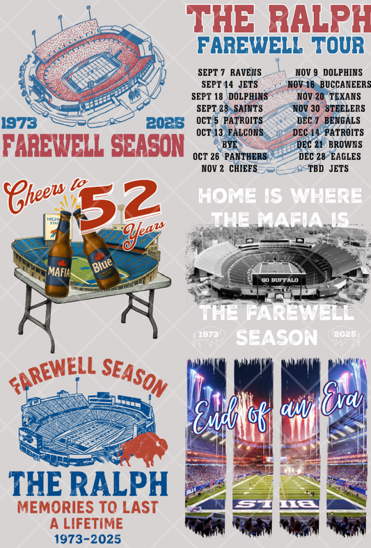 Pre-Made Buffalo Farewell Season DTF Gang Sheet 22x36 with with 6 adult designs