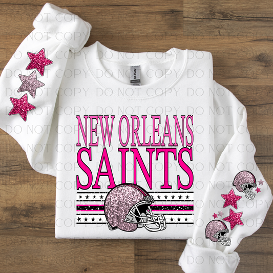 New Orleans Pink with Two Sleeves Designs Faux Glitter DTF Transfer With Sleeve