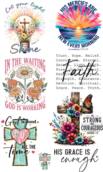 Pre-Made Faith DTF Gang Sheet 22x36 with 7 adult and 1 pocket size