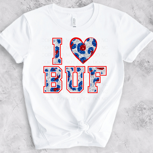 I Lover Buf Red Blue Cheetah Faux Glitter DTF Transfer