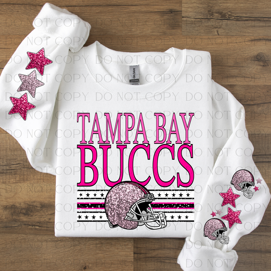 Tampa Bay Pink with Two Sleeves Designs Faux Glitter DTF Transfer With Sleeve