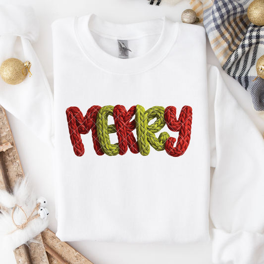 Red and Green Merry Faux Crochet DTF Transfer