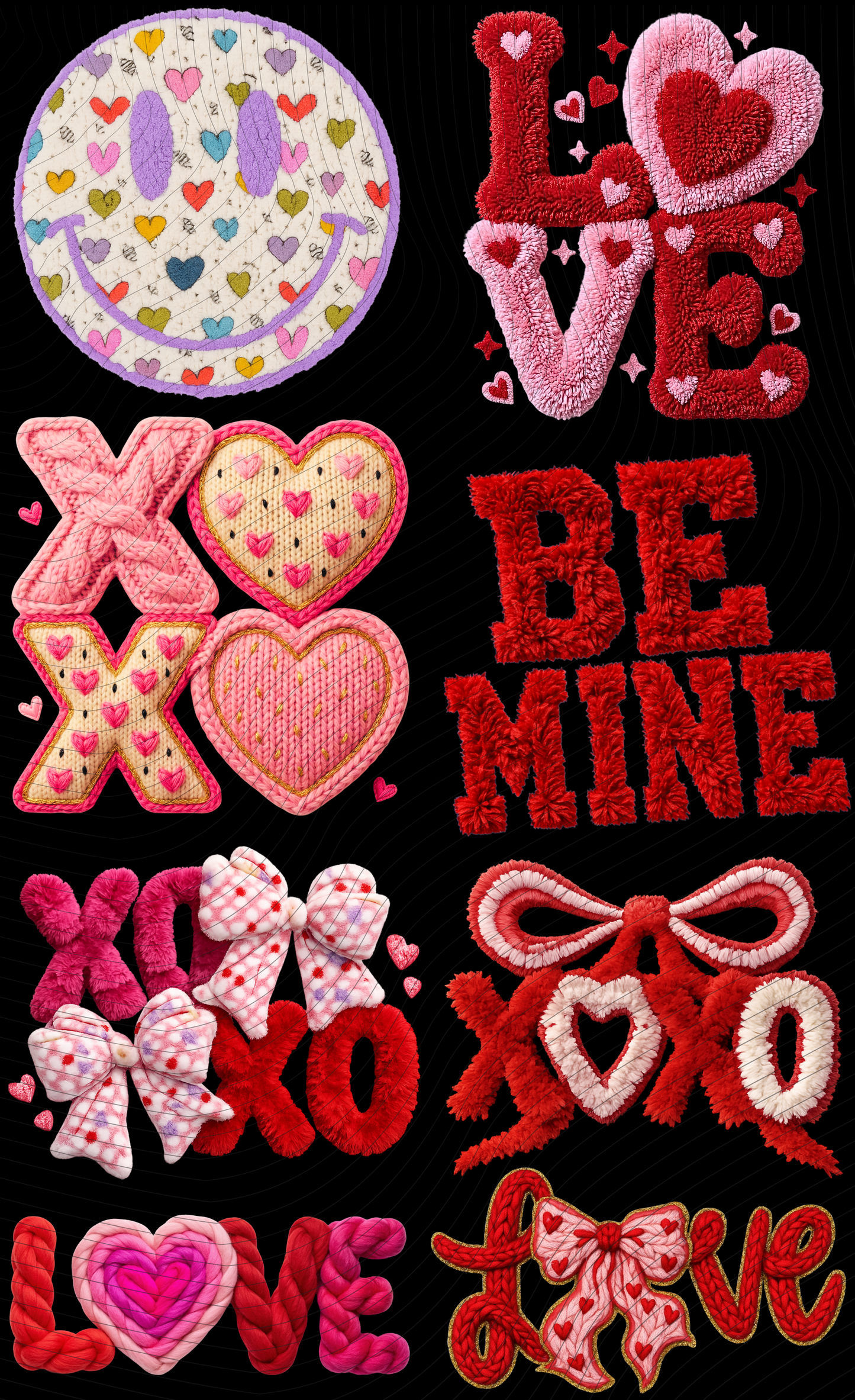 Pre-Made Faux Crochet Valentines DTF Gang Sheet 22x36 with with 8 adult size designs