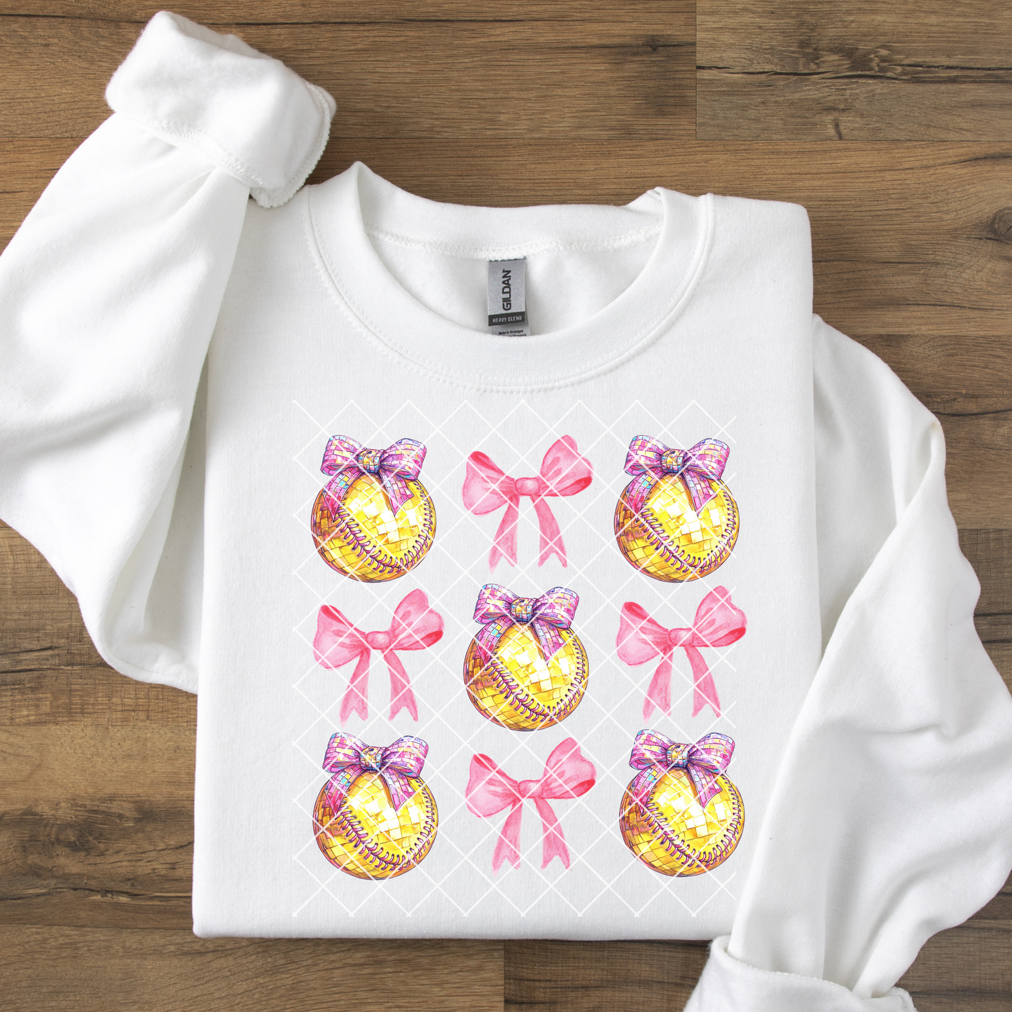 Faux Glitter Softball Grid Pink Bow DTF Transfer