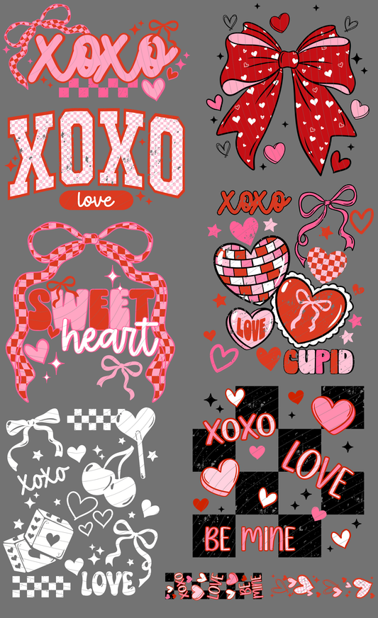 Pre-Made Valentines DTF Gang Sheet 22x36 with with 7 adult size designs and 2 Sleeves