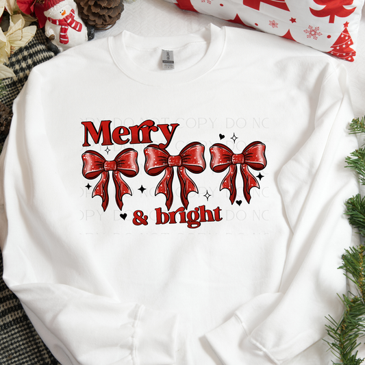 Merry and Bright Red Bows Christmas DTF Transfer