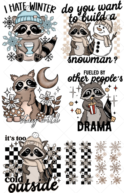 Pre-Made Raccoon Winter DTF Gang Sheet, 5 Adult and 2 sets of sleeve designs 22x36