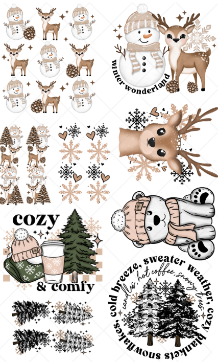 Pre-Made Winter DTF Gang Sheet, 6 Adult and 3 sets of sleeve designs 22x36