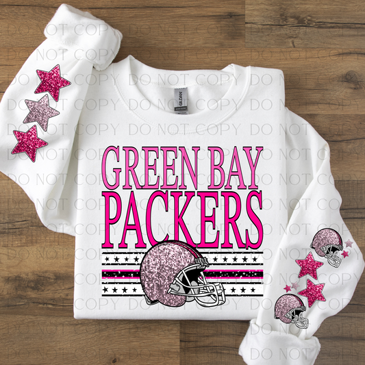 Green Bay Pink with Two Sleeves Designs Faux Glitter DTF Transfer With Sleeve