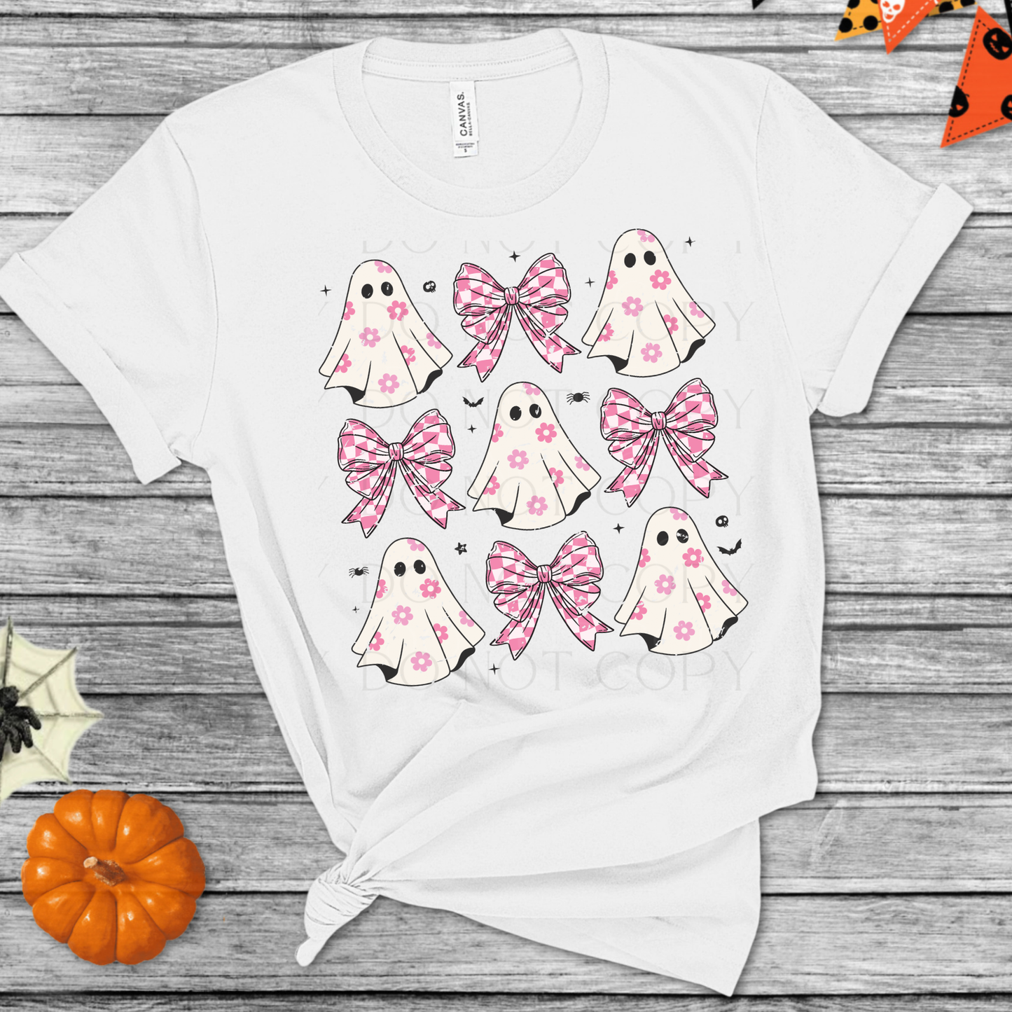 Pink Polka Dot Ghost and Bow Grid Halloween DTF Transfer