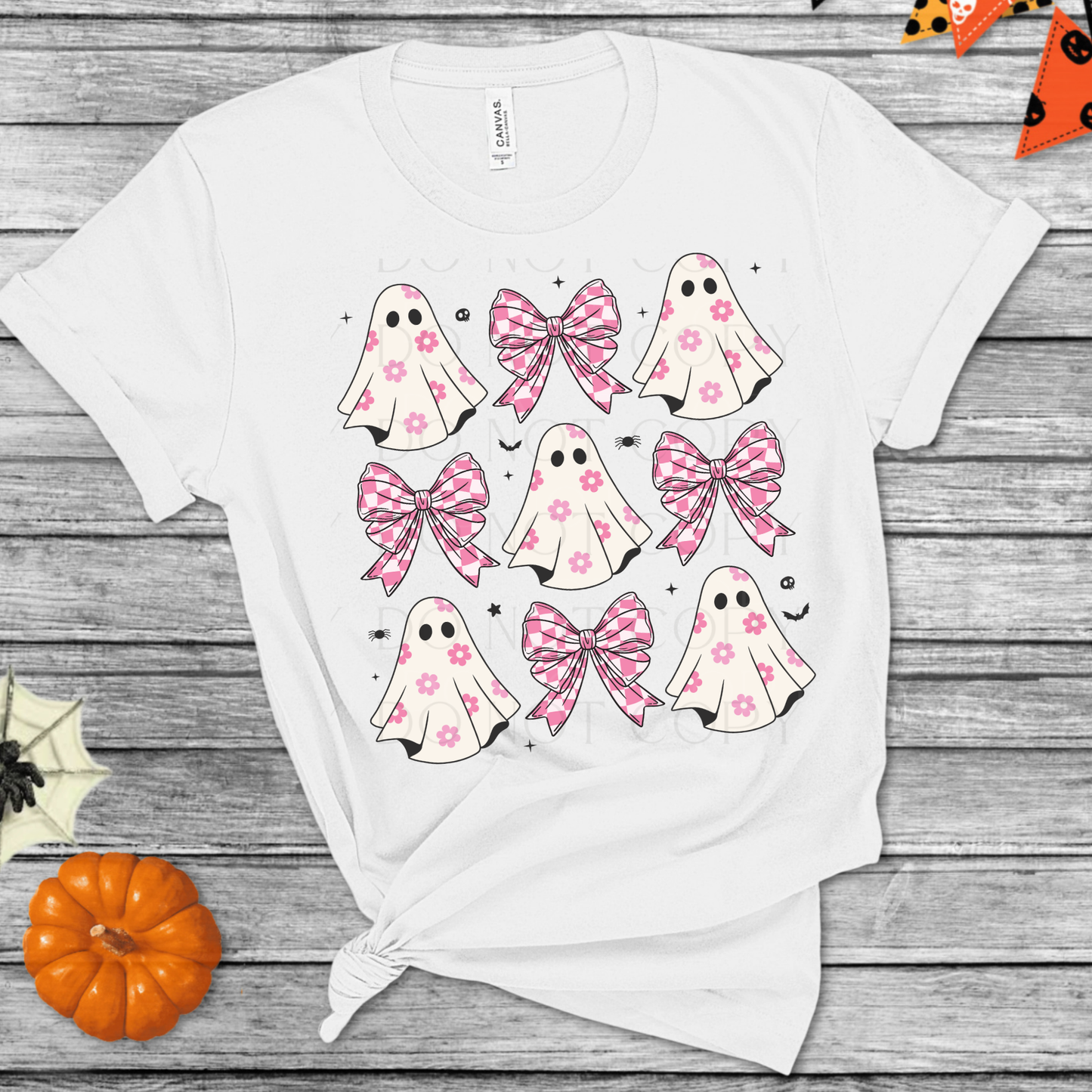 Pink Polka Dot Ghost and Bow Grid Halloween DTF Transfer