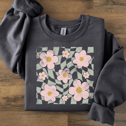 Pink Flowers on Green DTF Transfer