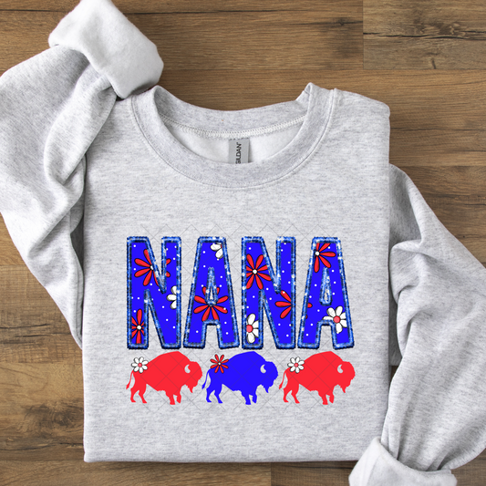 Nana Buffalo Flower Blue and Red Embroidered Look DTF Transfer