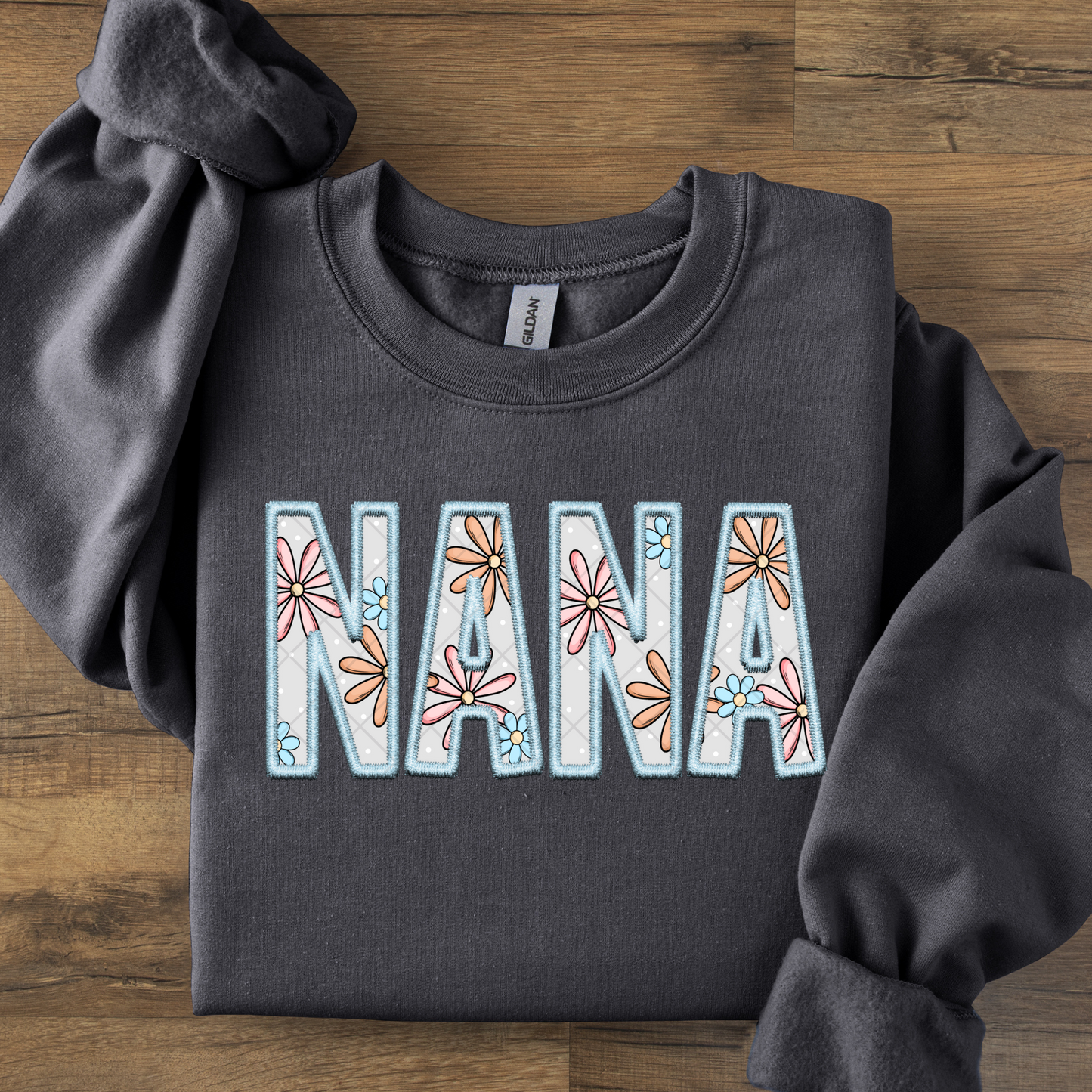 Nana Pastel Blue Floral Embroidered Look DTF Transfer