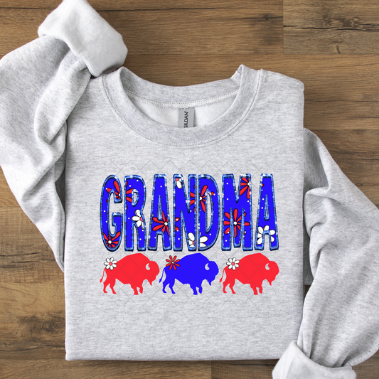 Grandma Buffalo Flower Blue and Red Embroidered Look DTF Transfer