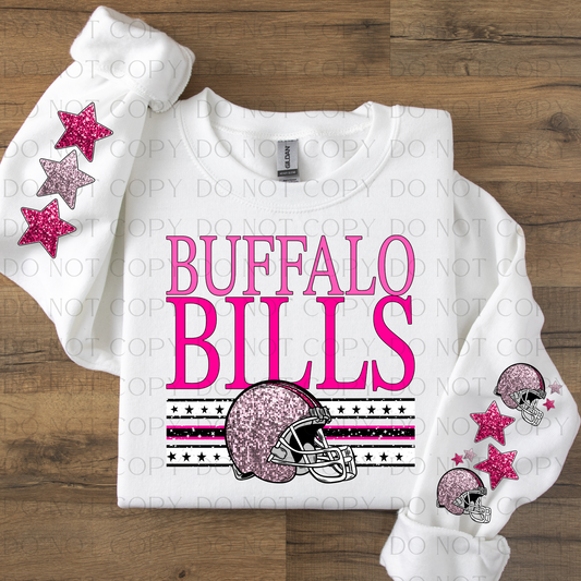 Buffalo Bills Pink with Two Sleeves Designs Faux Glitter DTF Transfer With Sleeve