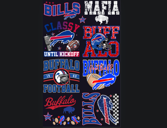 Pre-Made Buffalo Football DTF Gang Sheet 22x36 with with 8 adult size designs