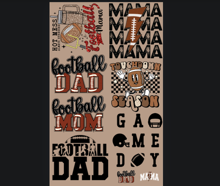 Pre-Made Football DTF Gang Sheet 22x36 with 7 Adult Size and 2 Pocket Designs