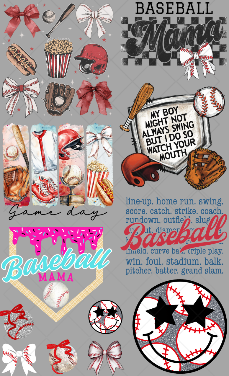 Pre-Made Baseball 2 DTF Gang Sheet 22x36 with 7 Adult and 4 Pocket Size Designs