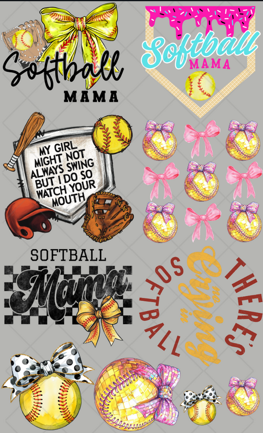 Pre-Made Softball 2 DTF Gang Sheet 22x36 with 6 Adult 2 Child 2 Pocket Size Designs