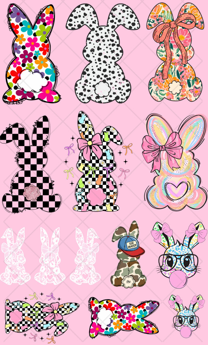 Pre-Made Easter Bunny DTF Gang Sheet 22x36 with with 6 adult 5 kid size designs