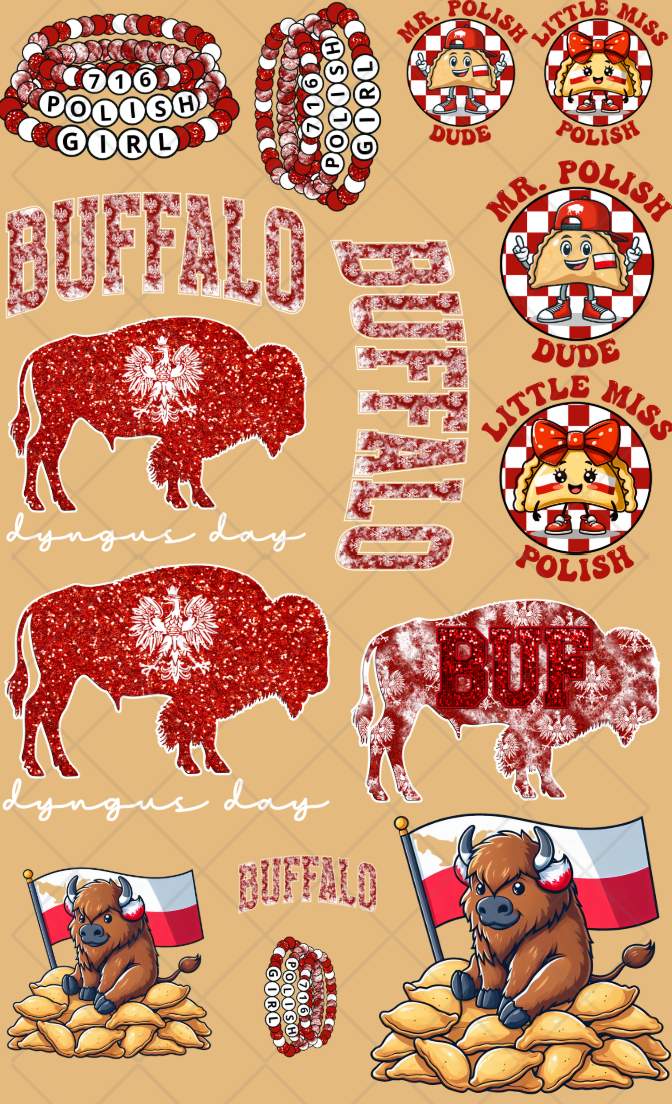 Pre-Made Dyngus Day Buffalo DTF Gang Sheet, 5 Adult and 7 Kid and 2 Pocket size 22x36