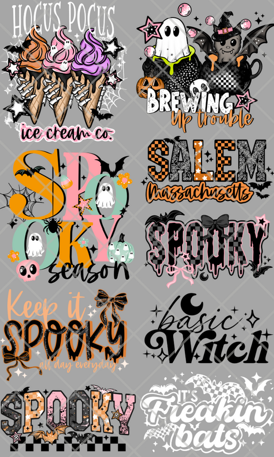 Pre-Made Halloween DTF Gang Sheet 22x36 with 9 adult size images